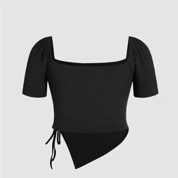 Asymmetrical Hem Drawstring Short Sleeve Tee​ - Picture 2 of 7